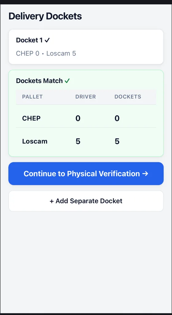 Pallet Verify docket prepared for verification